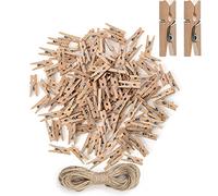 Lidzopas Lot de 100 Pince à Linge en Bois, Mini Pinces à Linge en Bois Mini Clips Photos Réutilisables avec Ficelle de Jute de 10 m pour Bricolage, Jardinage, Décoration