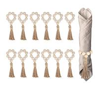 Lidzopas Lot de 12 ronds de serviette en perles de bois de style bohème faits à la main avec pompons pour Noël, ferme, mariage, décoration de table