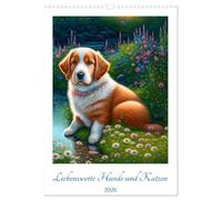 Liebenswerte Hunde und Katzen (Wandkalender 2026 DIN A3 hoch), CALVENDO Monatskalender: Zauberhafte Hunde- und Katzenbilder im Stil naiver Malerei