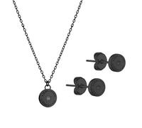 LIEBESKIND BERLIN Parure de bijoux avec pierre de zircone - Collier avec pendentif rond en forme de pièce et petites boucles d'oreilles - IP noir - Chaîne d'ancre réglable jusqu'à 45 cm - Imperméable