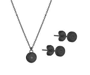 LIEBESKIND BERLIN Parure de bijoux avec pierre de zircone - Collier avec pendentif rond en forme de pièce et petites boucles d'oreilles - IP noir - Chaîne d'ancre réglable jusqu'à 45 cm - Imperméable