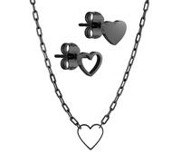 LIEBESKIND Parure de bijoux BERLIN - Boucles d'oreilles en forme de cœur et collier à maillons - IP noir - Chaîne à maillons réglable jusqu'à 45 cm - Imperméable et doux pour la peau