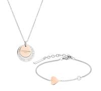 LIEBESKIND Parure de bijoux Berlin - Collier avec deux pièces et bracelet avec pendentif en forme de cœur - Bicolore argenté/or rose - Chaîne à maillons réglable jusqu'à 45 cm - Imperméable et doux