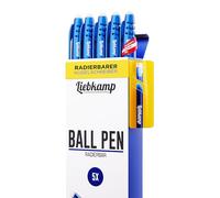 LIEBKAMP® Stylo Effaçable [5 pièces] Bille à Encre Effaçable, Gomme Intégrée, Friction Pen, Gel Bleu 0,7 mm Rétractable au Fini Métallique - Écriture Fluide & Recharges Disponibles