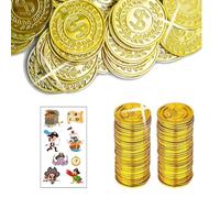Liekadijiae 50 Pièces Monnaie Factice,1 Pièces Tatouage Enfant,Pièces d'or en Plastique,Pièces De Jeu Dorées,Jouets pour Enfants Sacs De Fête pour Halloween/Noël/Fête d'anniversaire d'enfants