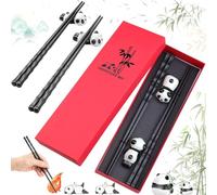 Liekadijiae Lot de 2 Paires de Baguettes, Baguettes Antidérapantes de 24 cm, Baguettes Chinoises, Baguettes en Forme de Bambou avec Repose-Baguettes Panda Mignon en Céramique(avec Coffret Cadeau)