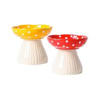 Liemuao 2 Pièces Gamelle Chat Surélevée, 300ml Gamelle Céramique en Forme de Champignons, Inclinable à 15° Bol pour Chat Anti-Vomissements Bol pour Animaux de Compagnie (Jaune+Rouge)