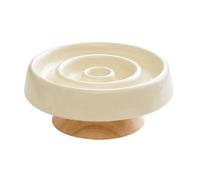Liemuao Gamelle Anti Glouton Chat en Céramique, 15.5cm Gamelle Chat Surélevée avec Support en Bambou Gamelle d'alimentation Lente Slow Feeder pour Chats Anti-Vomissements Bol Nourriture Chat (Beige-B)