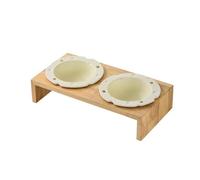 Liemuao Gamelle Chat Surélevée, Gamelle en Céramique pour Chats et Chiots avec Support en Bambou Protéger Cou Double Bol pour la Nourriture et l'eau Bols pour Animaux de Compagnie (450ml, Blanc-B)