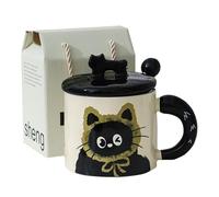 Liemuao Tasse Chaton en Céramique, Mug avec Couvercle et Cuillère, 400ML Noir Chat Tasse à café, Boîte Cadeau pour Famille, Ami, Collègue, Anniversaire, Noël, Lave-vaisselle et micro-ondes (Vert)