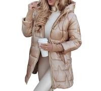 LIEROLYE Doudoune Mi-longue Pour Femme, Manteaux À Capuche Et Manches Longues Avec Fermeture Éclair Brillante, Vêtement D'hiver Chaud Et Moelleux Avec Poches(Champagne,L)