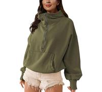 LIEROLYE Sweat A Capuche À Col Montant Pour Femme, Pull Oversize À Demi-zip Et Cordon De Serrage, Sweat-shirt Décontracté À Manches Longues Et Poches Style Années 2000(Army Green,L)