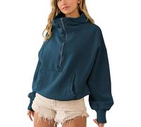LIEROLYE Sweat A Capuche À Col Montant Pour Femme, Pull Oversize À Demi-zip Et Cordon De Serrage, Sweat-shirt Décontracté À Manches Longues Et Poches Style Années 2000(Blue,L)