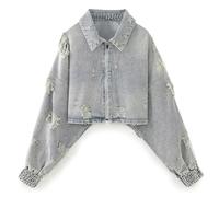 LIEROLYE Veste en Jean Courte Déchirée for Femmes, Lavage Des Trous en Détresse avec Fermeture Éclair for Vêtements D'extérieur de Style Urbain(M)