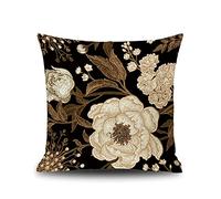 Lieson Housse Coussin 40x40, Housse Coussins Canape Noir Beige Coussin Deco Salon Fleurs de Pivoine, Lin