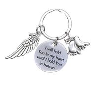 Lieson Porte-clés Homme Femme, Porte Clef INOX Porte Clef Gravure Personnalisable Plaque Circulaire I Will Hold You in My Heart avec Aile Empreinte Argent