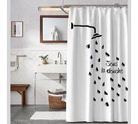 Lieson Rideaux Douche 180x200CM, Rideau Douche Tissu Lavable Anti Moisissure Imperméable Polyester Motif Pommeau de Douche et Goutte d'eau Rideau de Salle de Bain avec Crochets, Noir Blanc