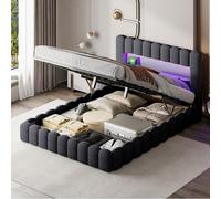 Lietre Bubble Lit de jeune/double rembourré, 140 x 200 cm, avec éclairage LED et fonction de charge USB, lit rembourré avec coffre de lit, lit de rangement hydraulique avec sommier à lattes, lin, gris