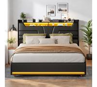 Lietre Lit Coffre 140x200 CM, Lit Hydraulique Deux Places avec LED et Ports USB, Lit Double avec Rangement et Hydraulique(sans Matelas), PU (Noir-A, 140x200)