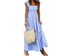 LIEVETY Robe longue d'été rétro à carreaux et col carré pour femme 2024 nouvelle robe maxi à carreaux multiples, bleu, XL