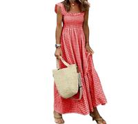 LIEVETY Robe longue d'été rétro à carreaux et col carré pour femme 2024 nouvelle robe maxi à carreaux multiples, Rouge, M