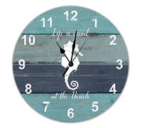 Life Good At The Beach Horloge murale ronde en bois en forme d'hippocampe Bleu 25,4 cm Fonctionne avec piles