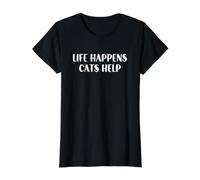 Life Happens Cats Help T-Shirt Graphique avec Valeur, Femme, Noir, S