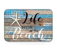 Life is Better at The Beach Paillasson antidérapant pour porte d'entrée, océan, étoile de mer, tapis d'entrée de plage, grain de bois, tapis de sol antidérapant pour cuisine, entrée, salle de bain, salon, 61 x 40,6 cm