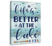 Life is Better at the Lake Canvas Wall Art - Rustic Lake House Sign with Vintage Lettering, Inspirational Wall Decor for Cabin, Camper or Cottage Living Room(Unframed,12x18inch(30x45cm))