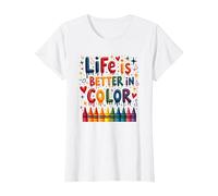 Life is Better in Color Crayon Art Citation inspirante T-Shirt, Femme, Blanc, XS