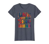 Life is Better in Color Crayon Art Citation inspirante T-Shirt, Femme, Bleu Chiné, XS