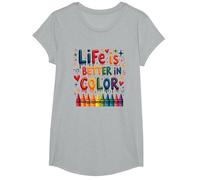 Life is Better in Color Crayon Art Citation inspirante T-Shirt, Fille, Gris Chiné, XS