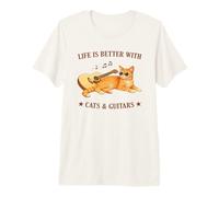 Life is Better with Cats and Guitars Orange Cat Guitarist T-Shirt Haut de Gamme