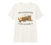 Life is Better with Cats and Guitars Tabby Cat Guitarist T-Shirt Haut de Gamme