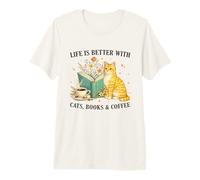 Life is Better with Cats Books and Coffee Cat Lover Reading T-Shirt Haut de Gamme