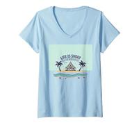 Life is Short Achetez Le Beach House Coastal Dream T-Shirt avec Col en V, Femme, Bleu Céleste, S