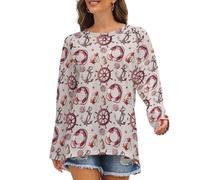 Lifebuoy T-shirt basique à manches longues et col rond pour femme Motif ancre et gouvernail, Style 4, Taille L