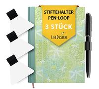 LifeDesign 3 porte-stylos, boucle de stylo, Pen-Loop, Pen-Holder autocollant pour carnet de notes, calendrier, planchette à pince, noir, pastille adhésive transparente