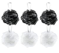 Lifeforce Lot de 6 Éponges de Bain Exfoliantes - Résistantes et Rapide Séchage Fleurs de Bain, Économisez 30% de Gel Douche, Couleurs Neutres pour Peau Sensible(3 x Noir & 3 x Blanc)