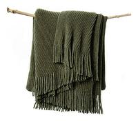 lifein Couverture Verte d'automne pour canapé - Jeté en Chenille Douce de Style bohème - Couverture en Tricot Confortable et léger avec Pompons pour lit, Chaise, canapé, décoration d'intérieur (Vert