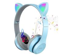 LIFEJXWEN Casque Bluetooth sans Fil pour Enfants, Casque Oreillas de Chat Casque Audio StéRéO sans Fil Pliable avec LED Lumineuse, FM/Carte SD/RéPondre à l'appel, pour Enfants et Adultes (Bleu Blanc)