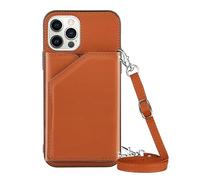 LIFEKA Lanière Collier Chaîne Étui de Téléphone en Cuir pour iPhone 14 13 12 11 Pro Max 7 8 Plus SE XR XS Max Sangle Corde Corde avec Housse Portefeuille,Marron,pour iPhone 12