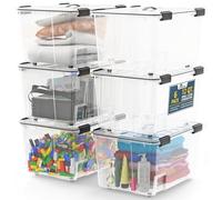 Lifemaster Lot de 6 boîtes de rangement empilables en plastique transparent avec joint noir, design modulaire et emboîtable, loquets sécurisés, roues faciles à déplacer et base coulissante pour une