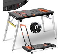 LIFERUN 7en1 Etabli Pliant avec Prise Intégrée, Établi Pliable,Plateforme de Travail,Pieds en Métal Hauteur Réglable,Chariot Portable Pliable avec 4 Roue,Échafaudage pour Les Travail de Bricolage