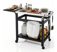 LIFERUN Desserte Barbecue Extérieur avec Table d'appoint Pliable, Chariot Plancha 2 Niveaux avec Dessus de Table en Acier INOX, Chariot de BBQ Pizza 4 Roues, pour Cuisine, Jardin et Fêtes, 116x48 cm