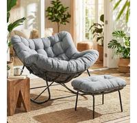 LIFERUN Fauteuil à Bascule XXL, Chaise a Bascule en rotin, Charge 150 kg | Fauteuil enorme papasan, Rembourrage épais amovible, Résistant aux intempéries, pour jardin, balcon, noir et gris