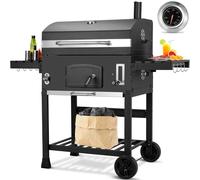 LIFERUN Grand Barbecue Charbon de Bois XXL, Barbecue Fumoir, avec Cheminée, Couvercle, 2PCS Roues, Thermomètre, Barbecue Bois Exterieur pour Camping et Jardin, 138x155x61 cm