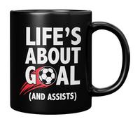 Life's About Goals And Assists Tasse en céramique pour fils, frère, neveu de la part de maman, papa, oncle, tante, entraîneur de football, 325 ml, noir
