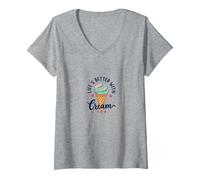 Life's Better with Cream Ice Cone Sweet Treat T-Shirt avec Col en V, Femme, Gris Chiné, L