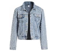 LifeShe Femmes Perles Denim Veste Court Strass Jeans Veste Manteau, bleu, Medium